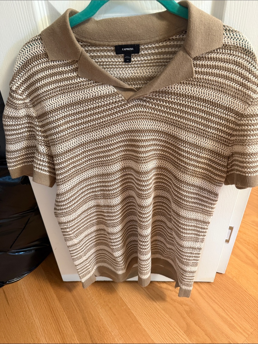 Express Striped Knit Polo in Beige and Cream